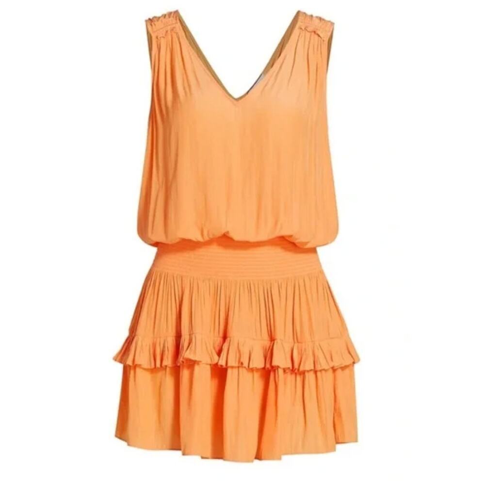 Ramy Brook Kiara Smocked Mini Dress tangerine L